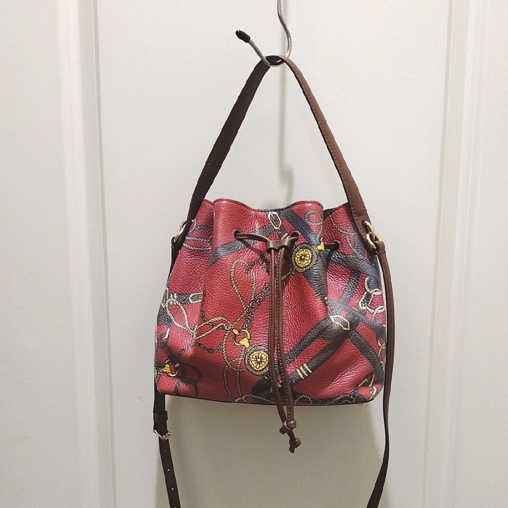 Talbot's Equestrian Print Leather Bucket Bag Crossbody EUC - Picture 2 of 10